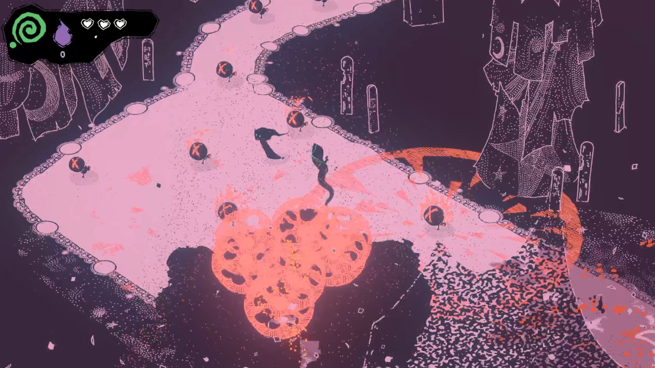 Screenshot d'une scène de combat avec de petits ennemis explosifs se distinguant par des marques rouge vif sur le corps, et par les grosses bulles d'explosions qu'ils provoquent.
