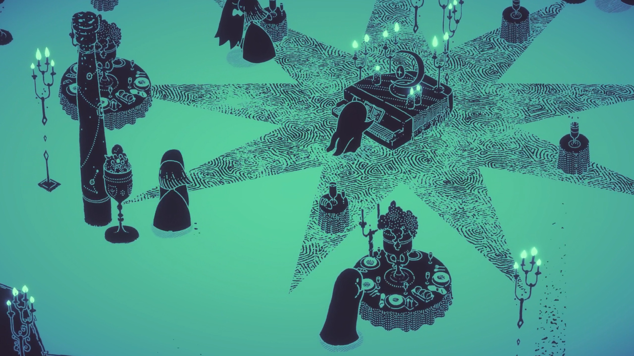 Screenshot du jeu dans une salle de réception avec un banquet et d'autres fantômes non agressifs. Il y a un pianiste au milieu de la pièce.