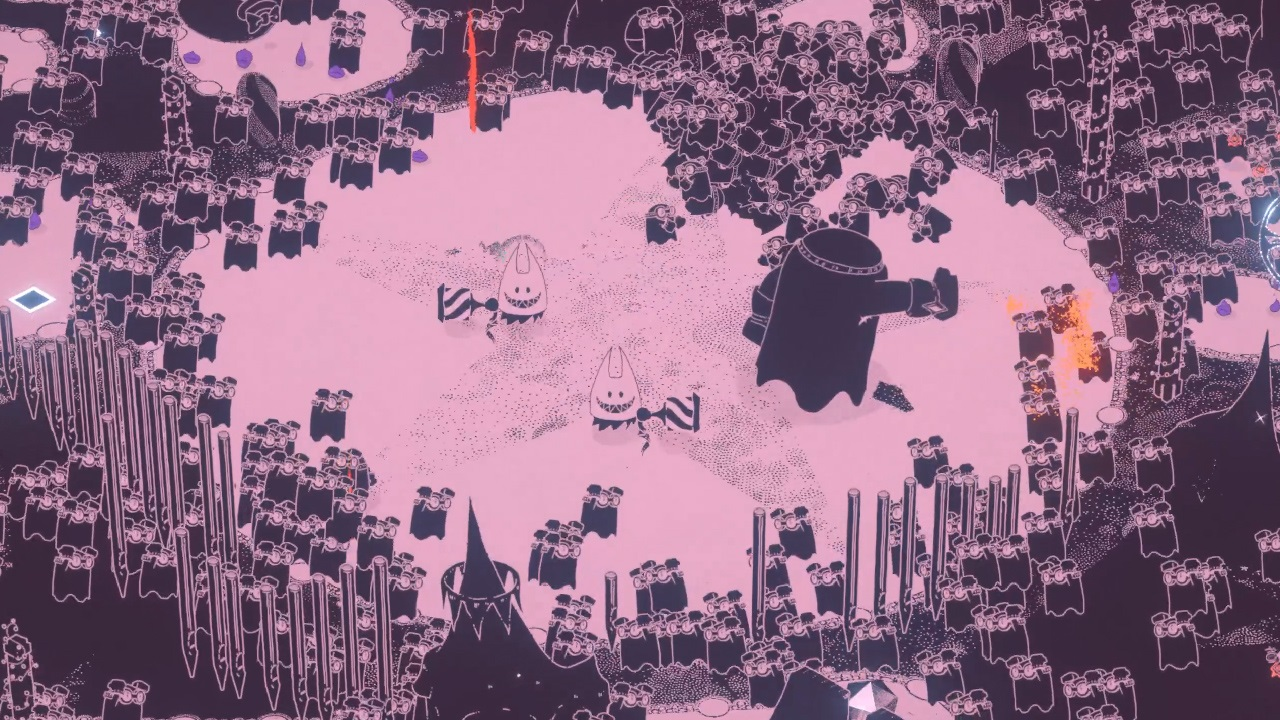 Screenshot du jeu, un combat de boss où des centaines de sbires attaquent de tous les côtés de l'écran, et un grand sbire au milieu donne des coups de poing.
