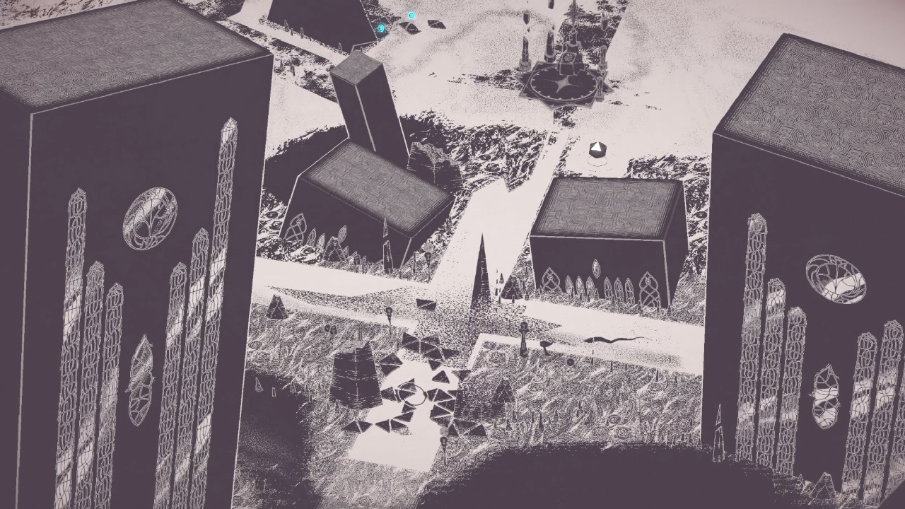 Screenshot du jeu, une vue aérienne très éloignée de l'action, montrant essentiellement des gratte-ciel penchants et disposés de manière irrégulière. On distingue aussi des chemins et un autel où faire le bilan de ses étoiles.