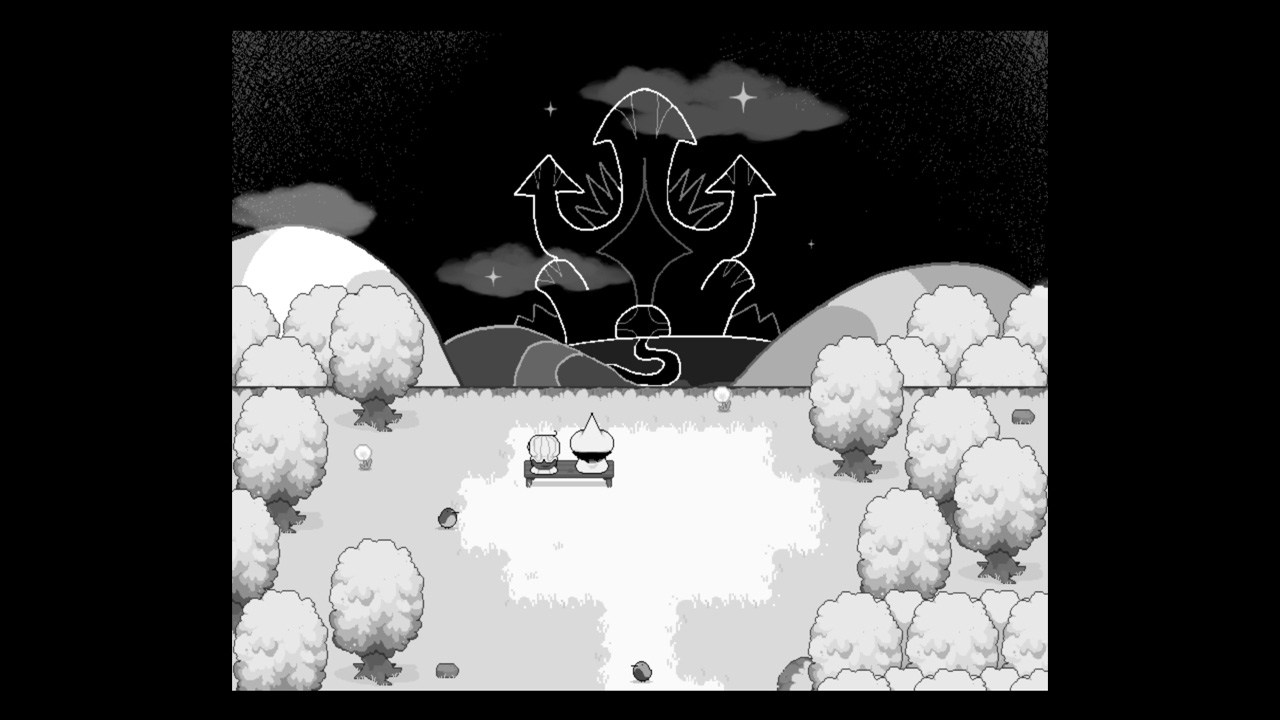 Screenshot du jeu, un RPG en vue aérienne, tout est en nuances de gris. On voit ici notre protagoniste de dos, assis sur un banc à côté d'un autre personnage, au bout d'un chemin entouré d'arbres. Au loin, on voit le château qu'il faudra parcourir, plongé dans l'obscurité.