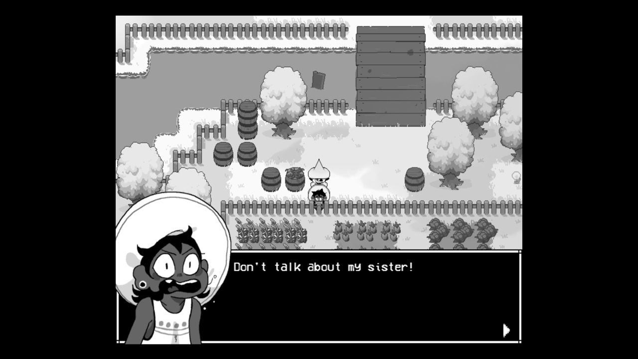 Screenshot en extérieur, vous discutez avec Bonnie, préado du groupe en marcel et avec un chapeau de paille.