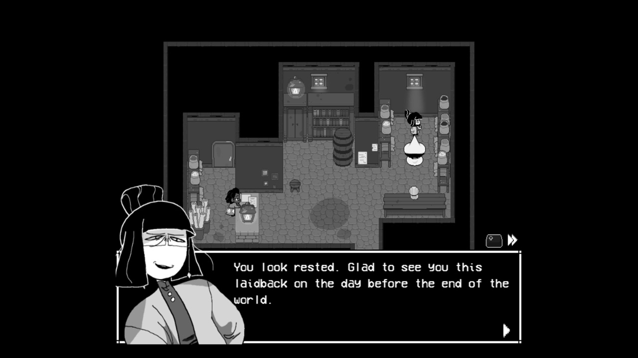 Screenshot de l'intérieur d'une boutique, l'on parle à la chercheuse du groupe qui fait la sélection du matériel dont la troupe aura besoin.