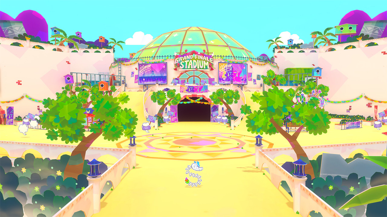 Screen du jeu, à l'esthétique Paper Mario comme décrite dans le premier post. Ici nous sommes dans une grande cour faisant face à un stade, mais ça fait pas urbain. Les personnages qui circulent sont de petits nuages, sauf notre personnage principal, Kulebra, qui est un squelette de serpent avec les yeux qui font des flammes bleues.