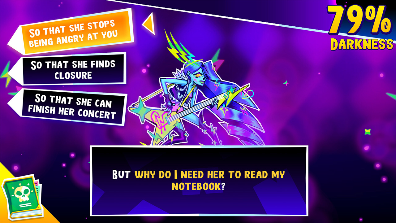 Screen d'une joute verbale, présentant un boss avec de très longs cheveux et une guitare. Le taux de ténèbres est à 79%, la question est "But why do I need her to read my botebook ?", les réponses possibles sont "So that she stops being angry at you", "So that she finds closure", "So that she can finish her concert".