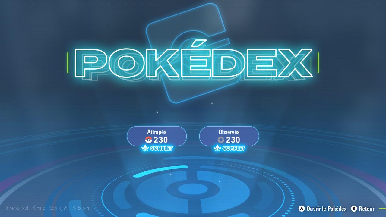 Screenshot de l'interface du Pokédex du jeu, indiquant que j'ai bien enregistré les 230 bestioles dispo dans le jeu.