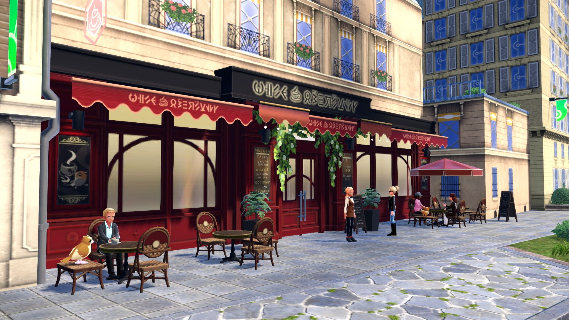 Screenshot du jeu, montrant la façade d'un café, avec une terrasse, des gens et un Roucool sur un tabouret.