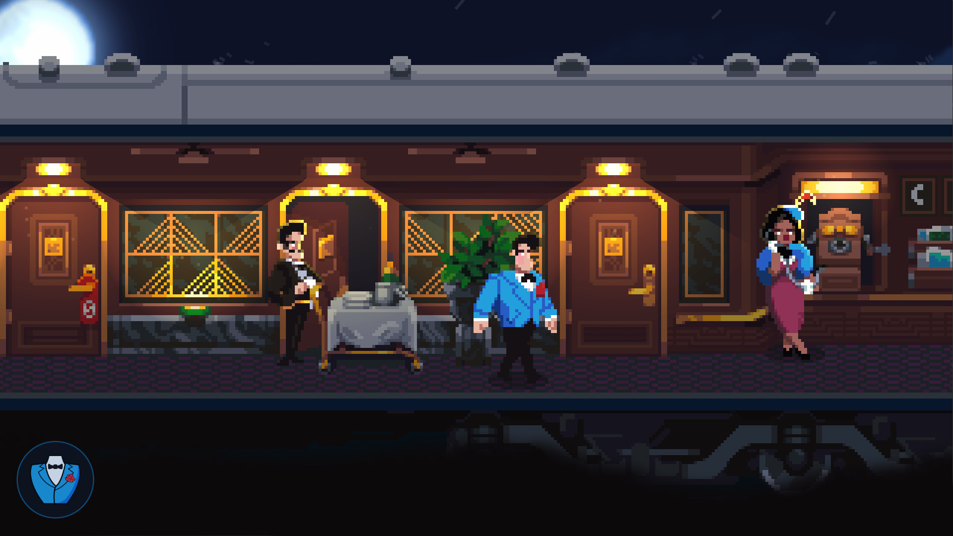 Screenshot du jeu, en pixel art, présentant une vue de côté de l'intérieur d'un train. On y voit notre protagoniste habillé en costume bleu avec un noeud papillon noir et une rose épinglée au torse. Il circule dans un wagon luxueux où les portes sont ornées de dorures. Un serveur passe avec un chariot, une passagère est au téléphone.