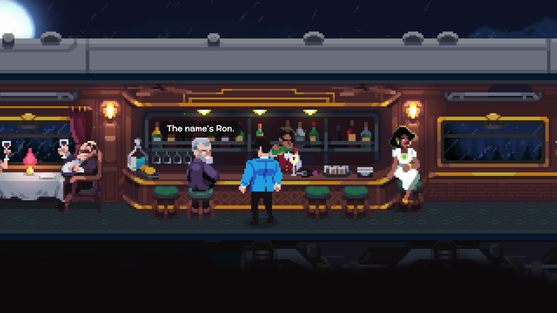 Screenshot du jeu, Arthur est cette-fois au bar du wagon-restaurant, un serveur prépare des cocktails devant un mur de bouteilles, un client est assis sur un tabouret de comptoir et dit "The name's Ron."