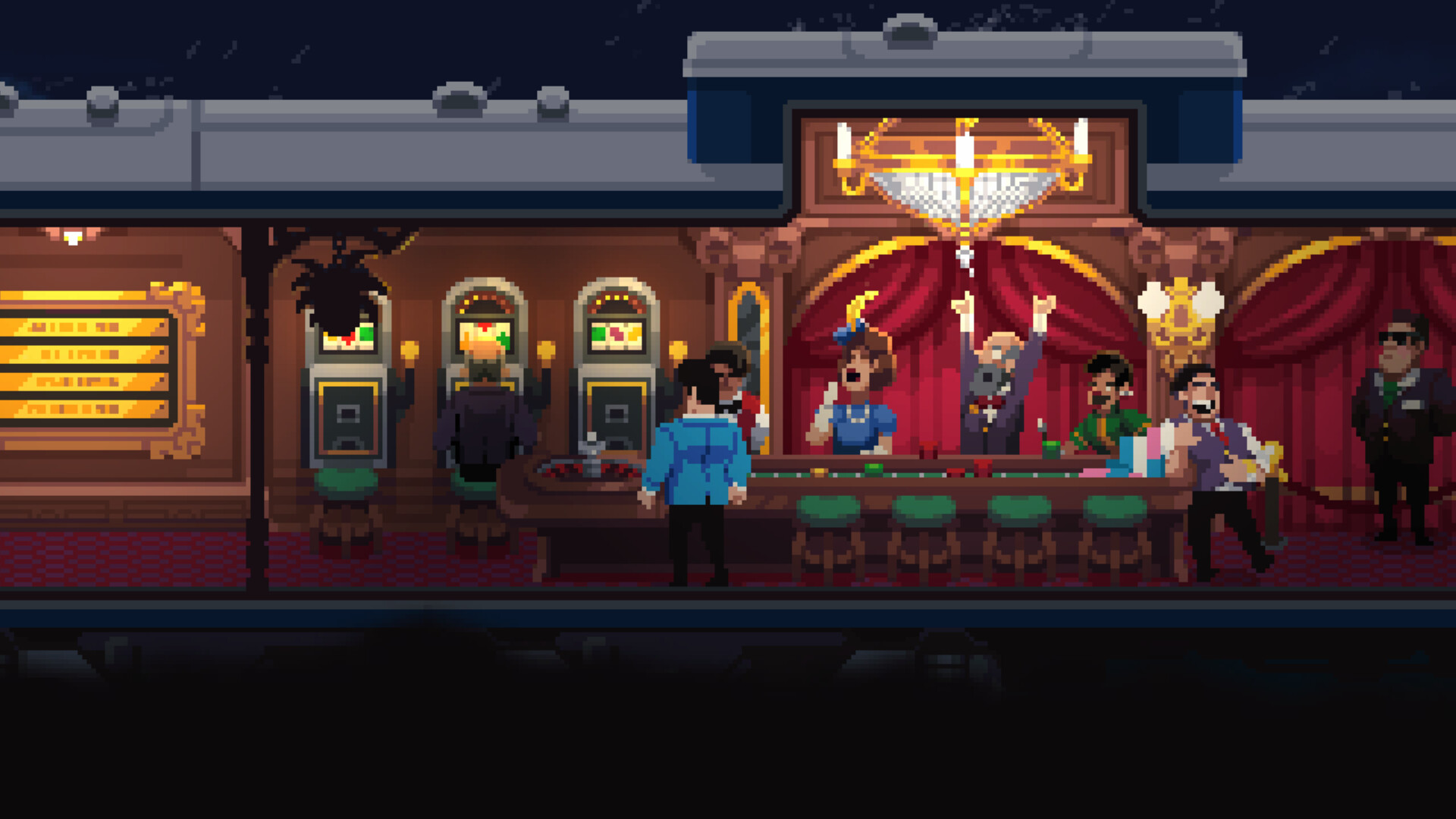 Screenshot du jeu, cette fois dans un wagon-casino. Il y a un client qui joue à un bandit-manchot, et plusieurs autres autour d'une table de roulette. Certains ont l'air contents car ils ont la bouche grande ouverte et lèvent les bras au ciel.