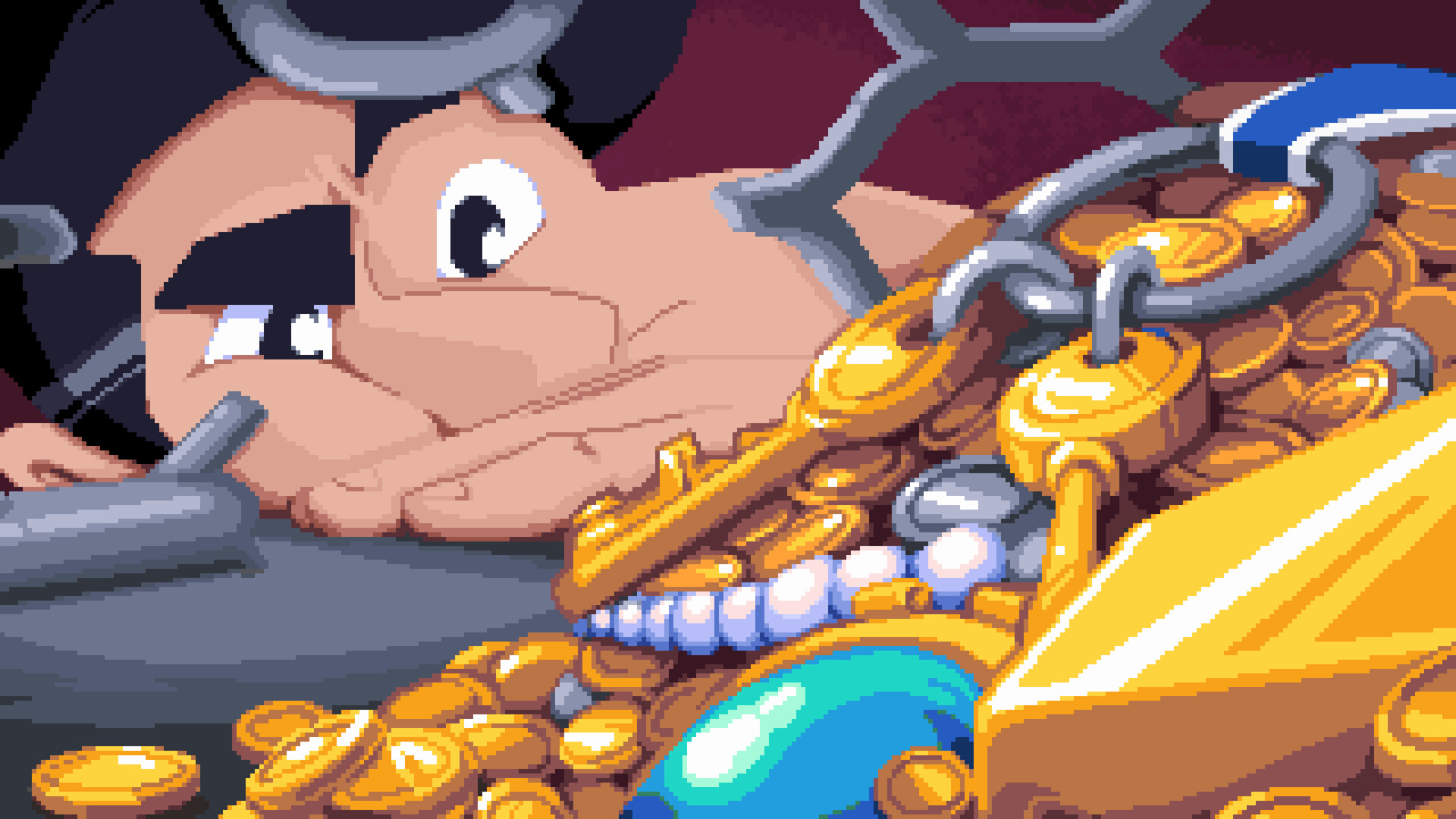 Screenshot d'une partie d'animation. Toujours en pixel art mais très détaillé, on voit Arthur jeter un œil à une pile d'objets dorés et/ou brillants.