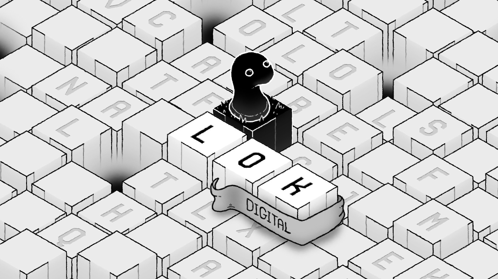 Artwork présentant un amas de lettres aux sommets de cubes blancs. Un des cubes a été noirci et laisse apparaitre un petit personnage noir à la bouille sympathique.