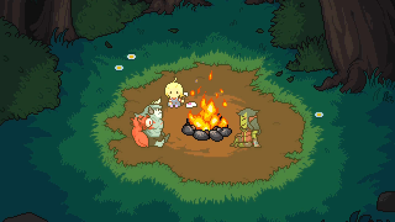 Screenshot du jeu, un RPG en pixel art vu du dessus en 2D. Sur ce screen, on voit trois personnages faire griller des guimauves autour d'un feu de camp : Meg la petite fille blonde en salopette, Roy un monstre bleu musclé avec des cornes et un bras en forme de pince de crabe, et Golan, un autre monstre vert avec les oreilles pointues et ce qui s'apparente à des cheveux.