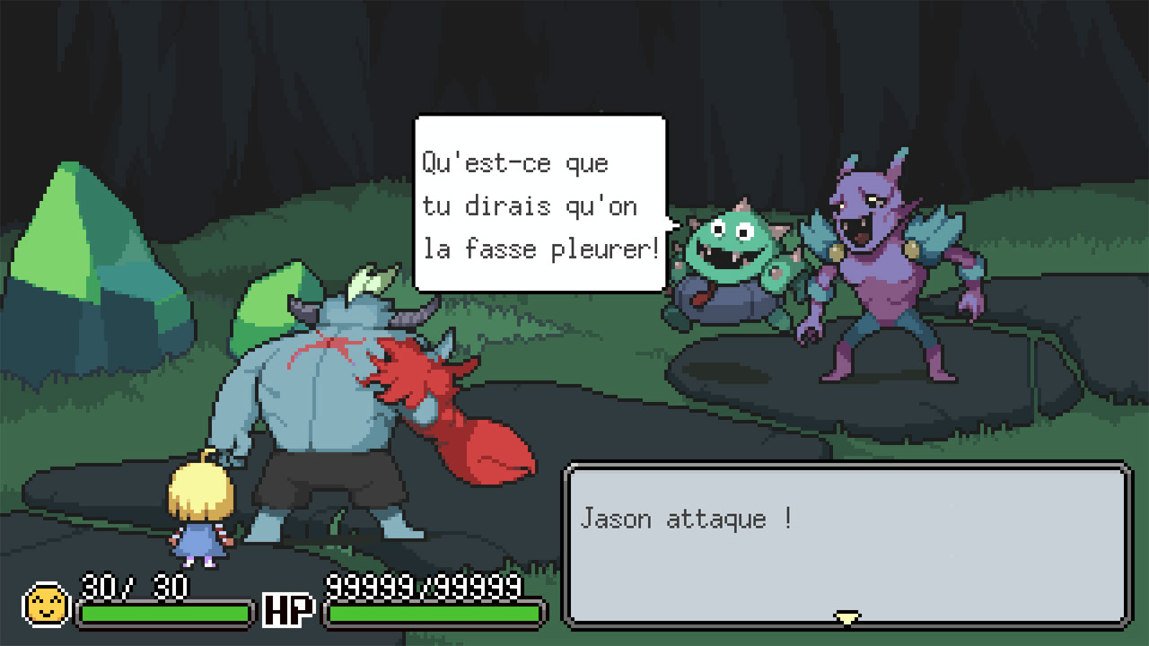 Screenshot d'une phase de combat, on voit Meg et Roy face à deux autres monstres dont l'un dit "Qu'est-ce que tu dirais qu'on la fasse pleurer !". Roy a 99999 points de vie, Meg a 30 points de bonheur.