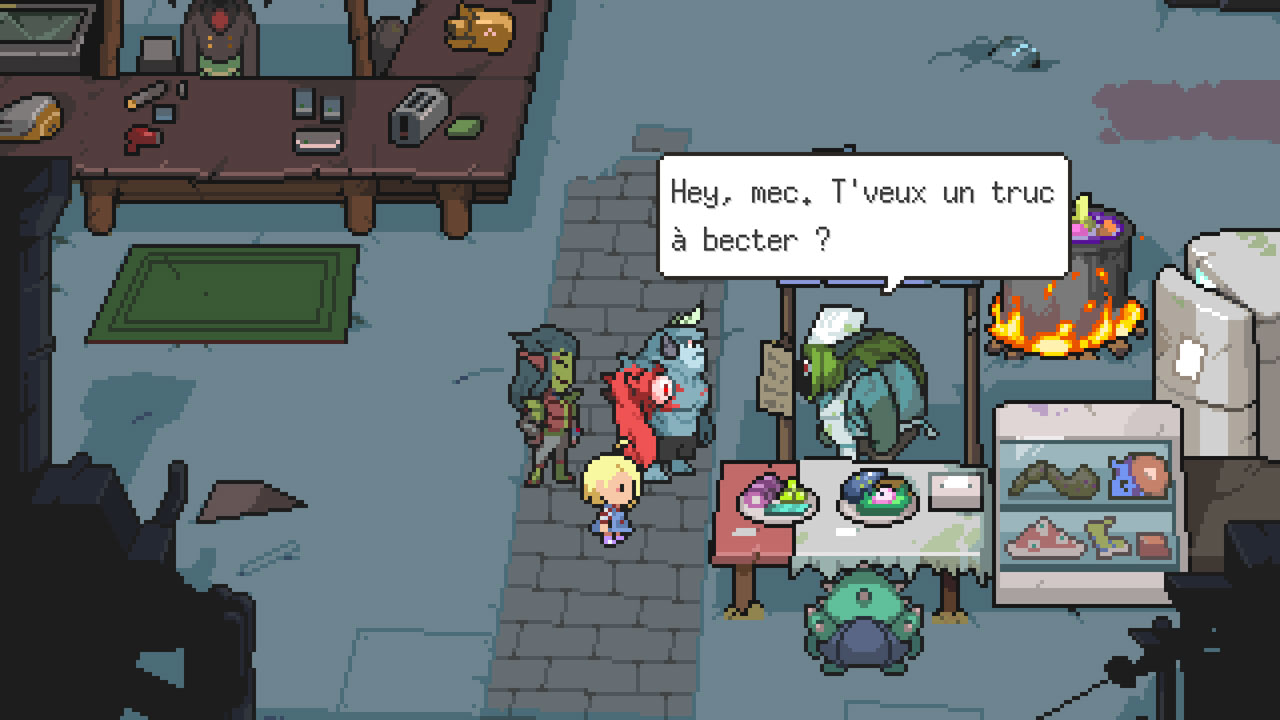 Screenshot du jeu en extérieur, avec les trois personnages précédents près d'une échoppe où le vendeur leur demande "Hey mec, t'veux un truc à becter ?".