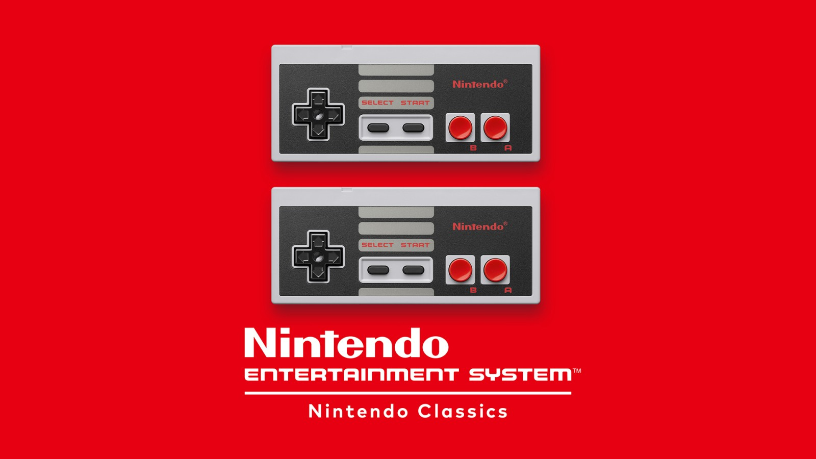Logo de présentation des Nintendo Classics NES, montrant deux manettes d'époque : la parallélépipédique grise avec une croix directionnelle, A, B, Start, Select, et c'est tout. De mon temps, on savait s'amuser avec huit boutons.