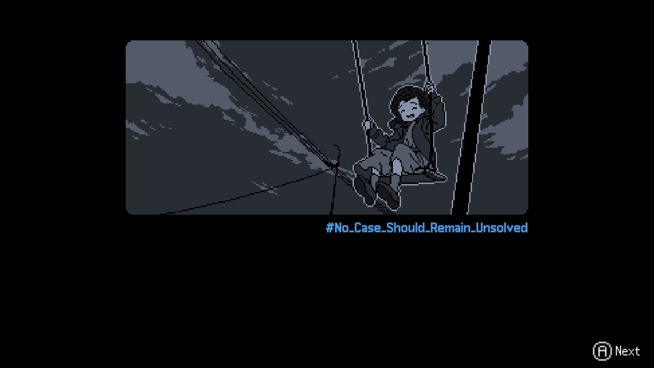 Écran-titre du jeu, un artwork de Seowon qui s'amuse sur une balançoire, légendé #No_Case_Should_Remain_Unsolved .