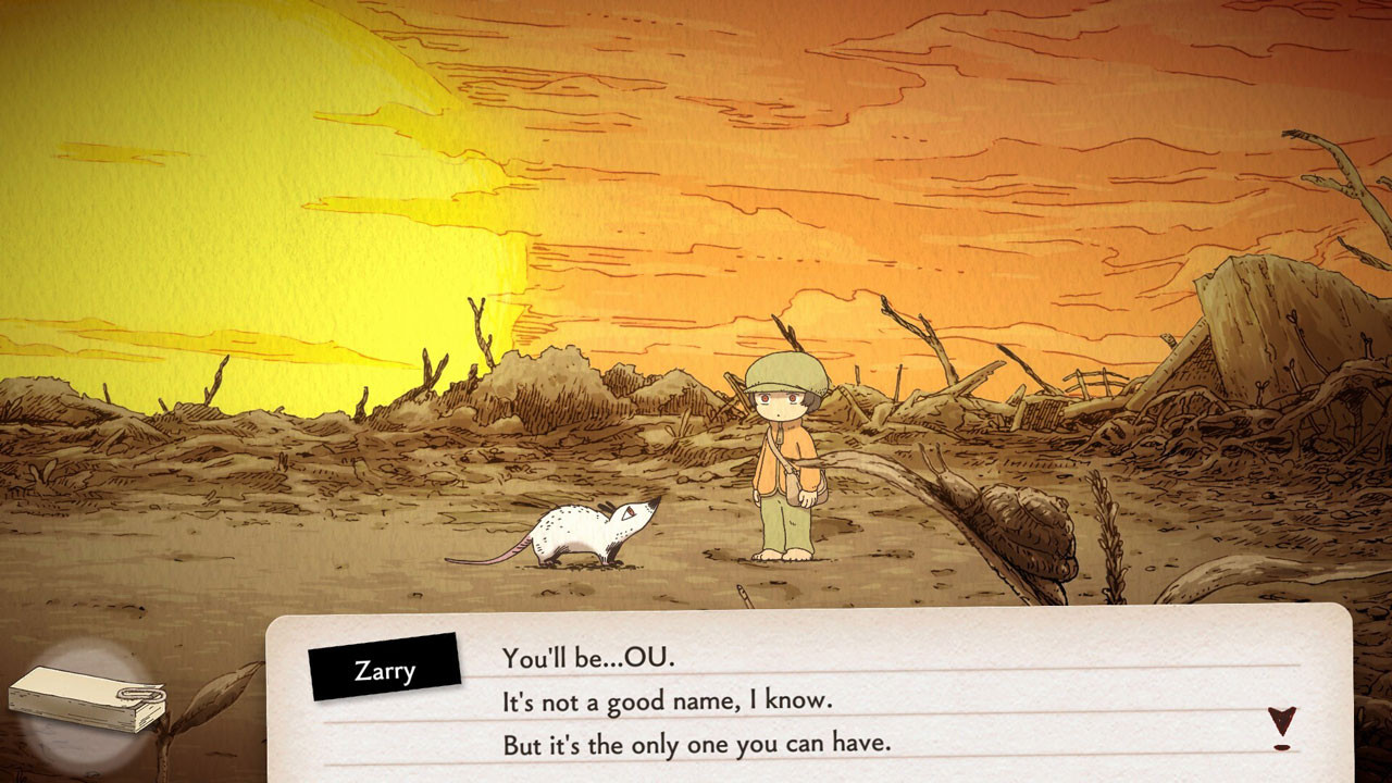 Screenshot du jeu OU, représentant un terrain désolé brun dessiné à la main, le ciel représente un coucher de soleil. Au milieu de ce terrain se trouvent deux personnages : un enfant au pantalon et au béret kaki, veste orange, sacoche brune, pieds nus, regard vide à l'iris rouge ; et Zarry, un opossum blanc s'adressant à lui pour le nommer OU, ce qui selon lui n'est pas un bon nom, mais est le seul nom qu'il peut avoir.