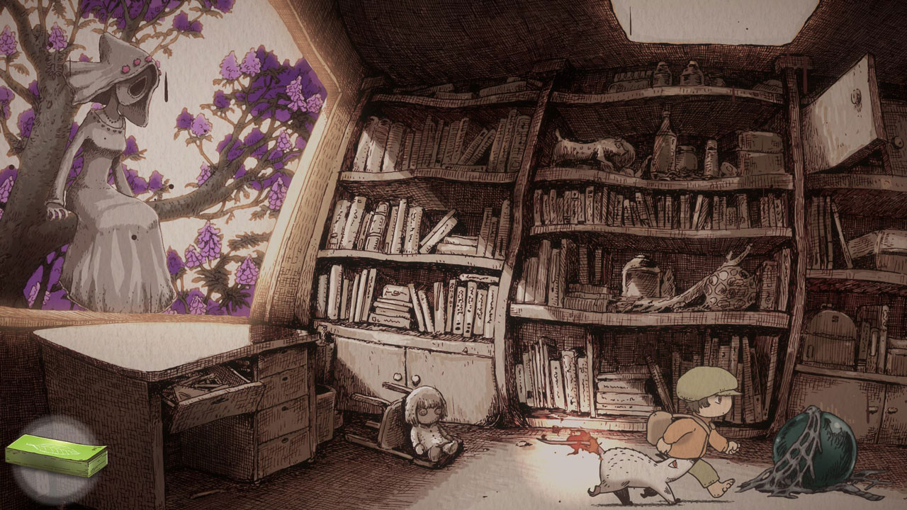 Screenshot du jeu, OU et Zarry sont dans une chambre dont on voit essentiellement une bibliothèque. La vue sur une fenêtre montre un jacaranda, dont les fleurs violettes détonnent par rapport aux nuances de brun du reste du décor. Un grand personnage a l'air lugubre est assis sur une branche, avec une robe, un voile, et au visage ne laissant deviner qu'une immense bouche.