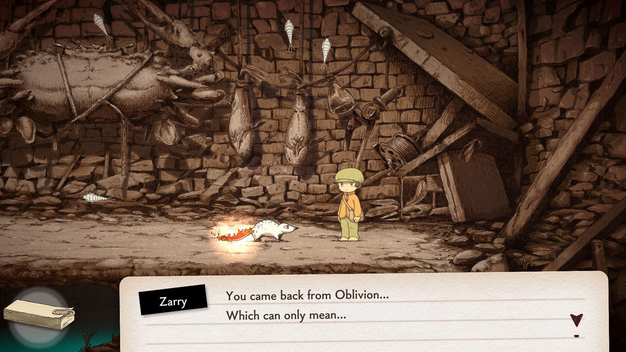 Screenshot du jeu. Zarry et OU sont dans une remise, les murs sont en pierre, des prises de pêche et charcuteries sont maintenues accrochées avec des cordes.