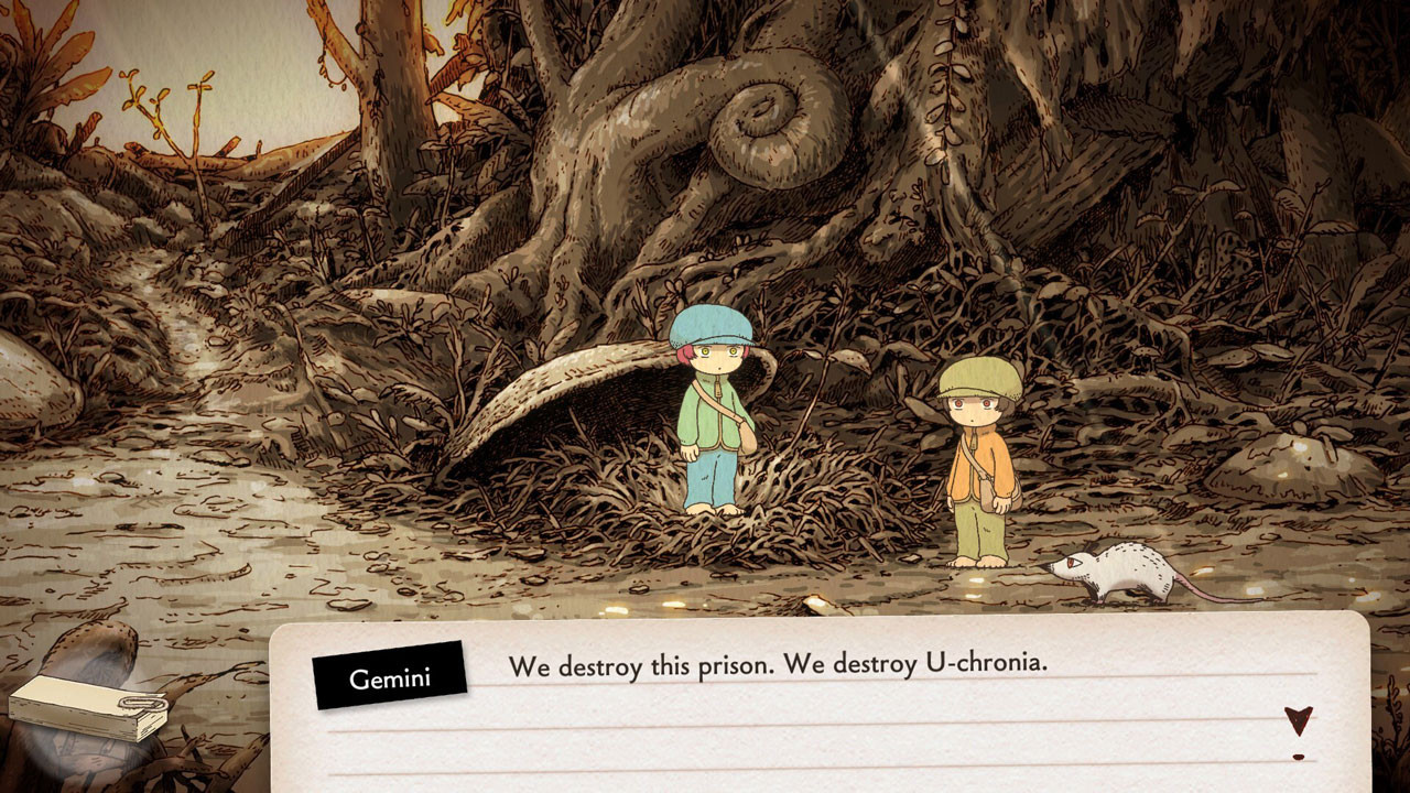 Screenshot du jeu, Zarry et OU sont dans une forêt. Un troisième personnage nommé Gemini est présent, ses traits sont identiques à ceux de OU, les couleurs de ses vêtements sont différents (béret et pantalon bleus, veste verte, cheveux roux).