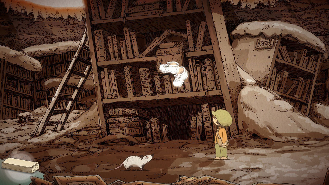 Screenshot du jeu, OU et Zarry sont dans une bibliothèque recouverte d'une couche de neige, ce qui semble être des chaussures blanches lévitent en l'air devant une étagère de livres.