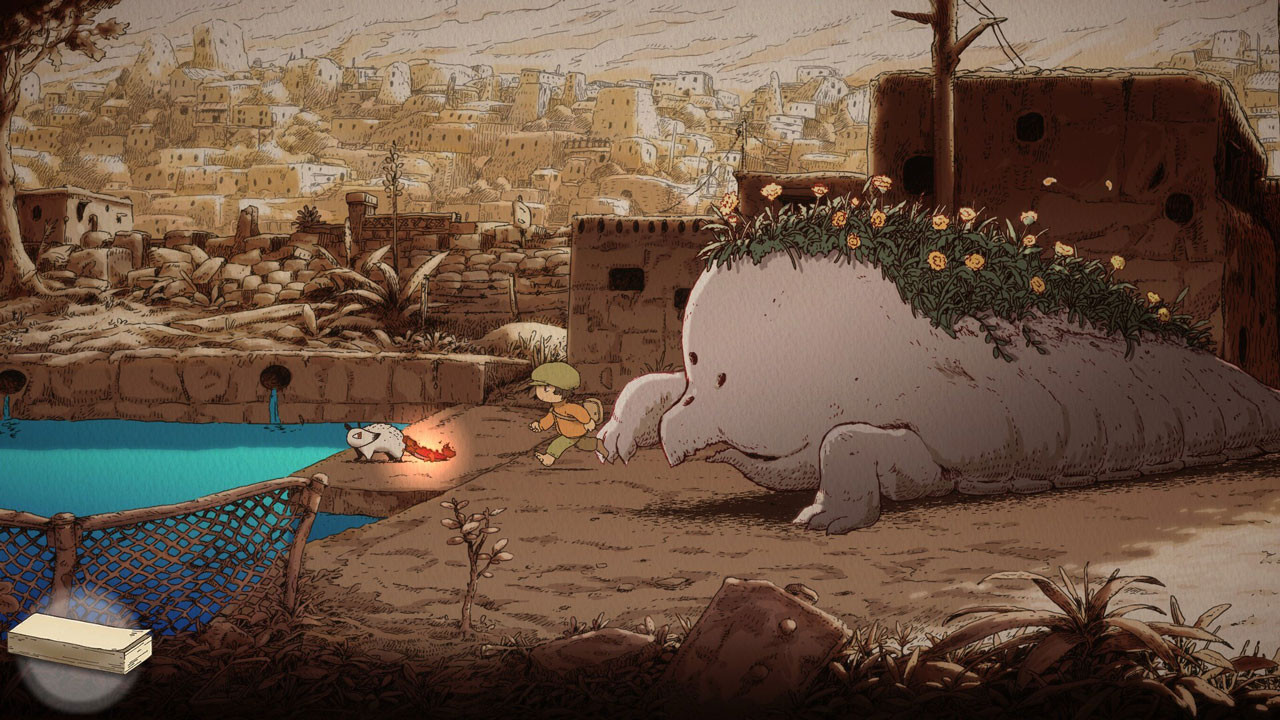 Screenshot du jeu, Zarry et OU sont au pied d'un point d'eau dans une ville, poursuivis par une grosse bête semblable à une grosse limace avec une texture d'éléphant, des pattes de dinosaure, un bec, et une mousse fleurie lui recouvrant le dos.