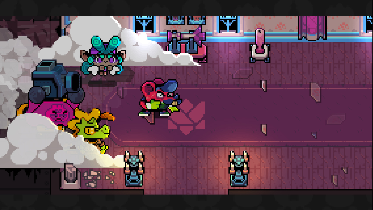 Screenshot du jeu. C'est un jeu d'aventure en 2D en vue du-dessus au style visuel pixelisé et coloré rappelant les jeux GBA. On voit les quatre patrons débarouler dans le manoir de tata après avoir détruit un mur de son manoir.
