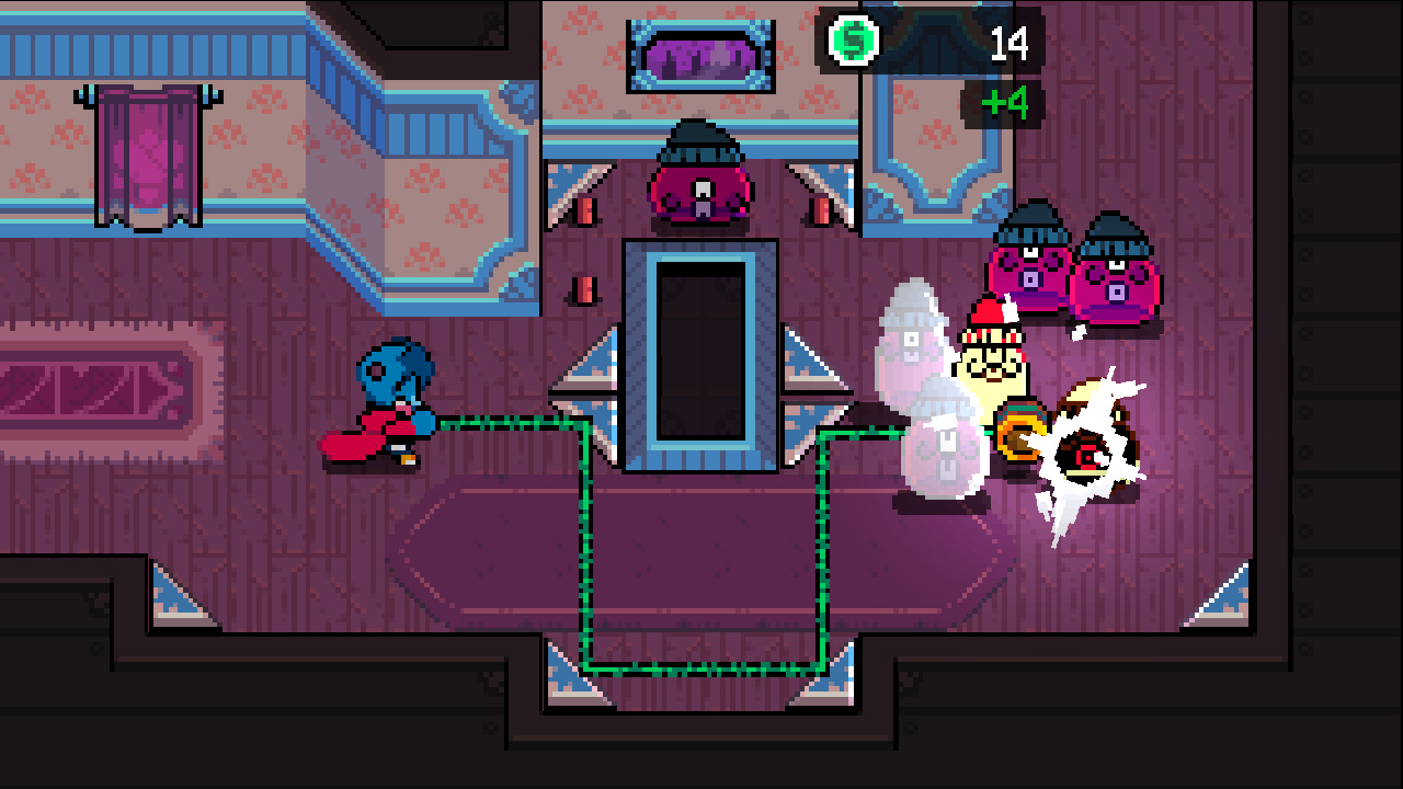 Screenshot du jeu, Pippit est une chauve-souris bleue avec un manteau rouge qui fait rebondir son yo-yo contre des surfaces triangulaires, faisant qu'il dévie à 90° de sa trajectoire et va percuter des ennemis, ici des blobs roses avec des bonnets noirs. On peut aussi ramasser des pièces de monnaie sur le chemin.