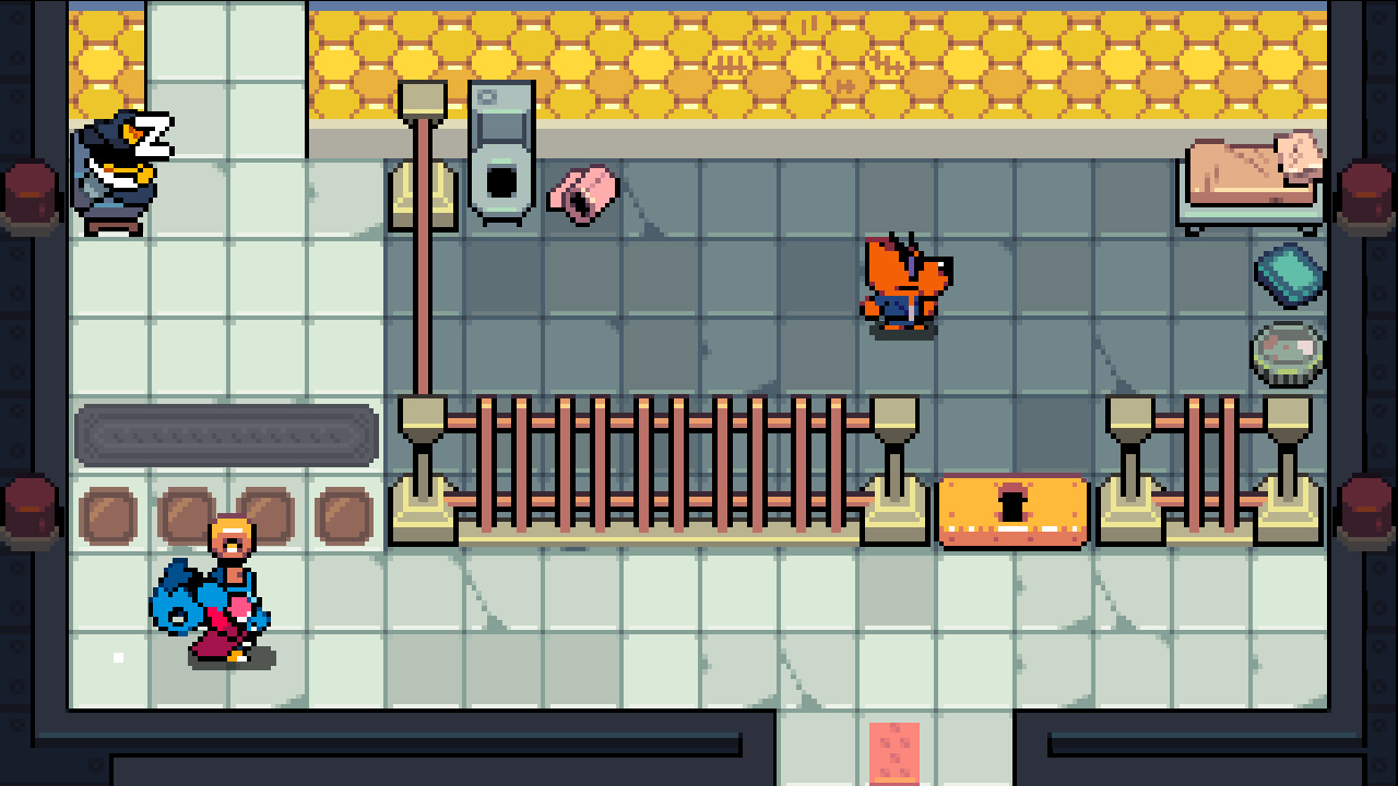 Screenshot du jeu, on voit Pippit se promener dans les couloirs d'une prison en soulevant une clé. Il fait face à une cellule avec une grosse serrure jaune et un chien avec des lunettes de soleil enfermé à l'intérieur.