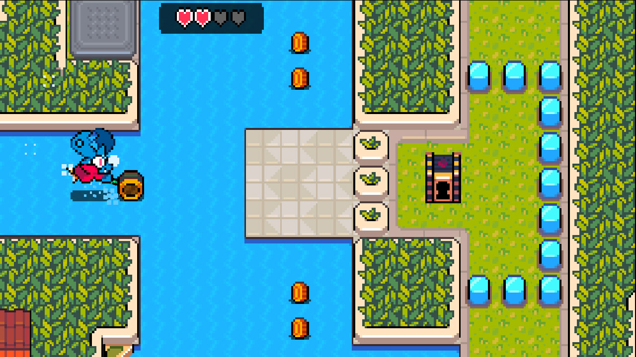 Screenshot du jeu, on voit Pippit en extérieur, surfant sur un cours d'eau entouré de végétation. Des pièces flottent à la surface de l'eau. À l'autre bout de la rive, on voit un coffre à serrure dont l'accès est barré par des plots bleus et par le décor autour.
