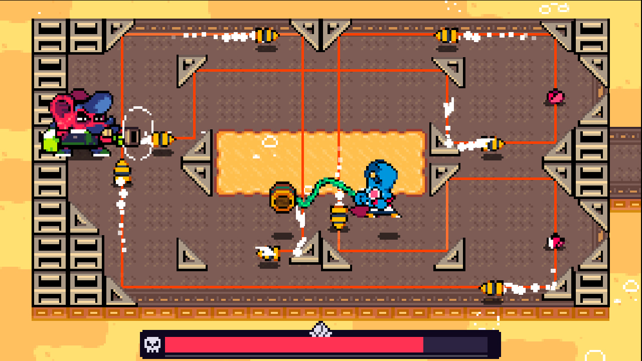 Screenshot d'un combat de boss. Pippit est dans une arène remplie de coins triangulaires. Le boss est une souris rose avec une casquette et une moustache qui dispose d'un pistolet dont les balles rebondissent contre les murs. Grands mercis, la trajectoire des balles est indiquée à l'écran parce que ça fuse de partout et c'est pas mince affaire de les esquiver, je vous le dis.