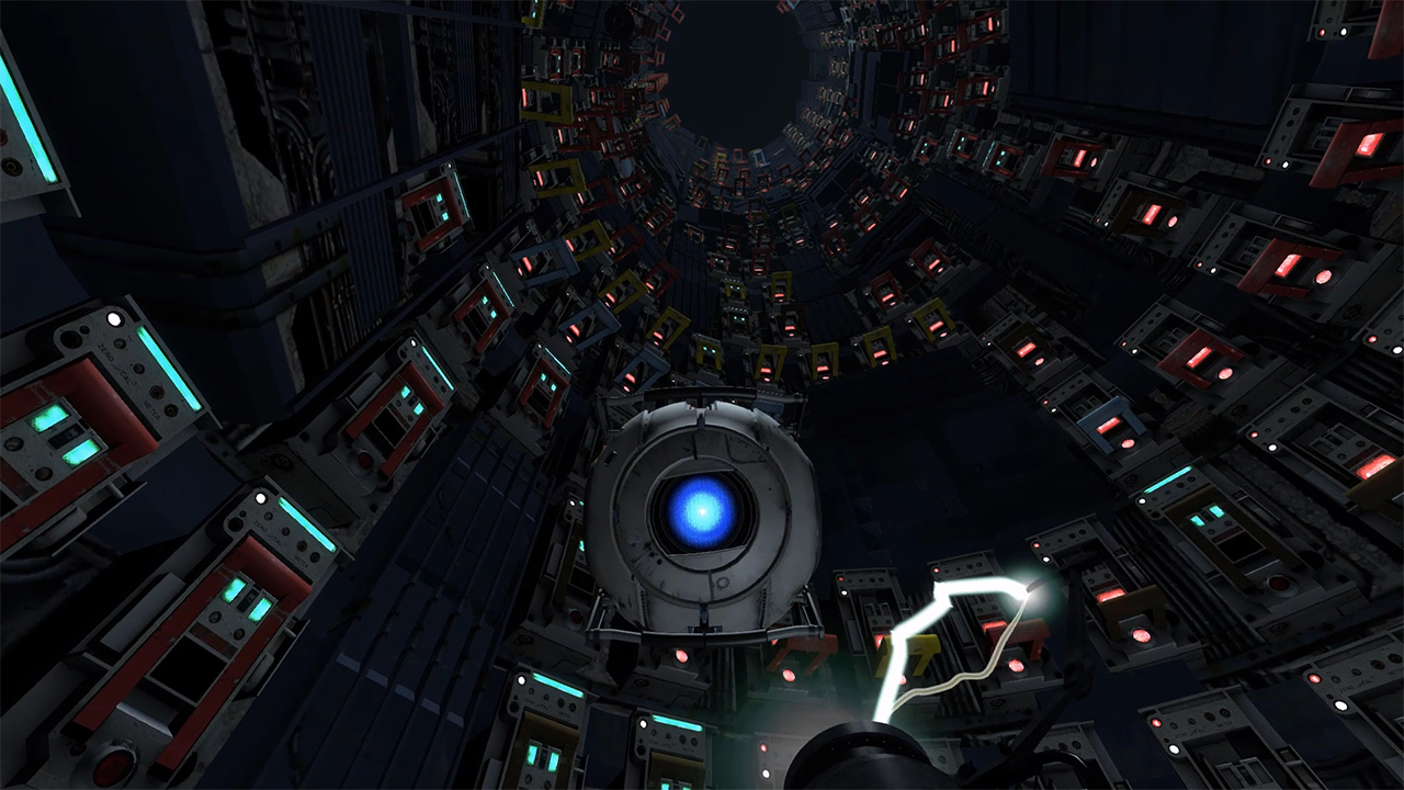 Screen de Portal, un jeu en 3D à la première personne, on fait face à Wheatley, un robot en forme de balle avec un objectif qui lui sert d’œil. On est dans un couloir d'ascenseur dont le mur est tapissé de leviers parfois levés ou abaissés.