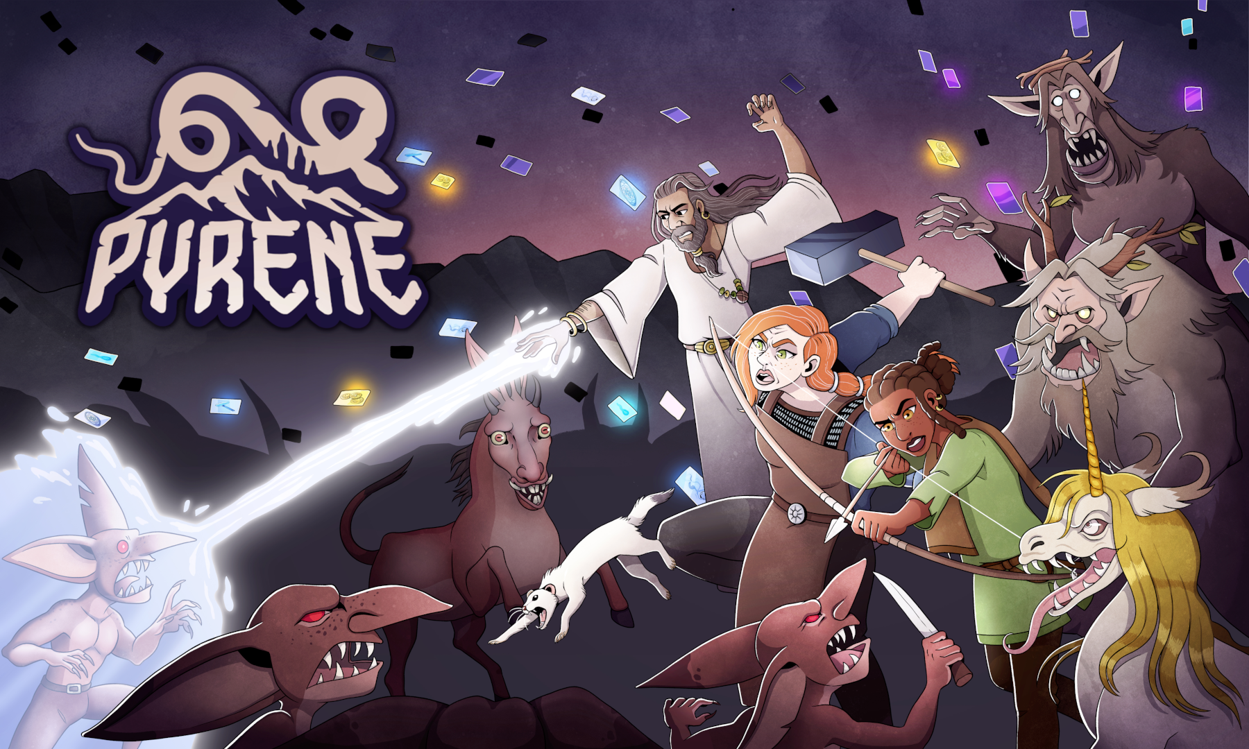 Artwork présentant les personnages du jeu : un magicien, un forgeron, un archer, et des monstres, le tout dans une ambiance heroïc fantasy et avec des cartes qui volent partout.