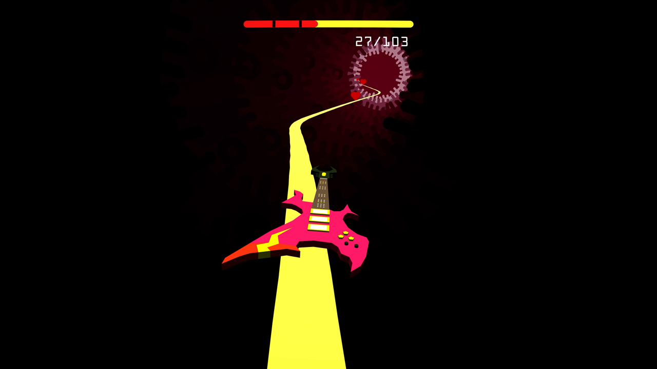 Screenshot de Beyond, représentant le mini-jeu de musique, avec une guitare se baladant sur un chemin jaune, où il faut attraper les cœurs sur le chemin.