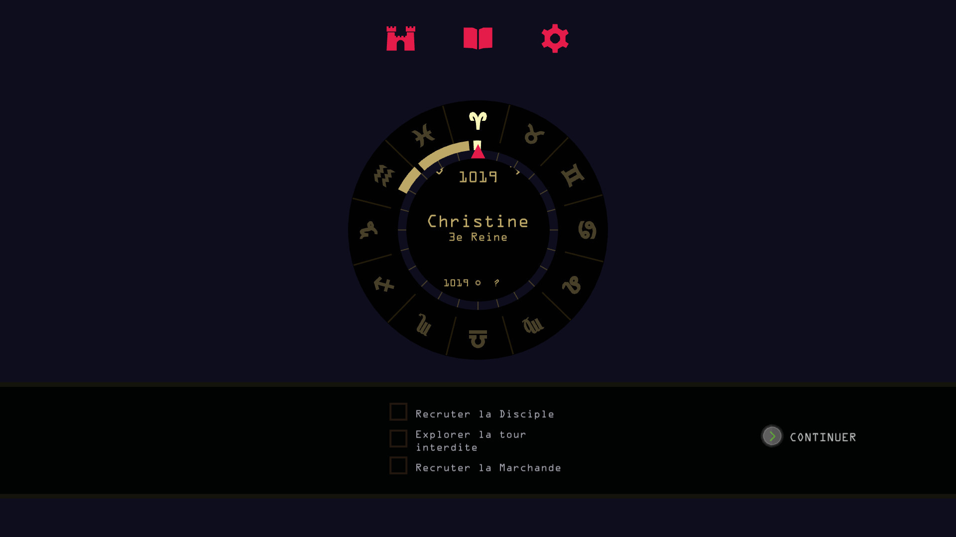 Screenshot de Her Majesty, on retrouve l'interface très minimaliste du jeu, l'image est essentiellement occupée par une roue représentant une ligne du temps corrélée aux signes astrologiques, trois missions sont listées plus bas, indiquant des objectifs pouvant être atteints dès la prochaine run.