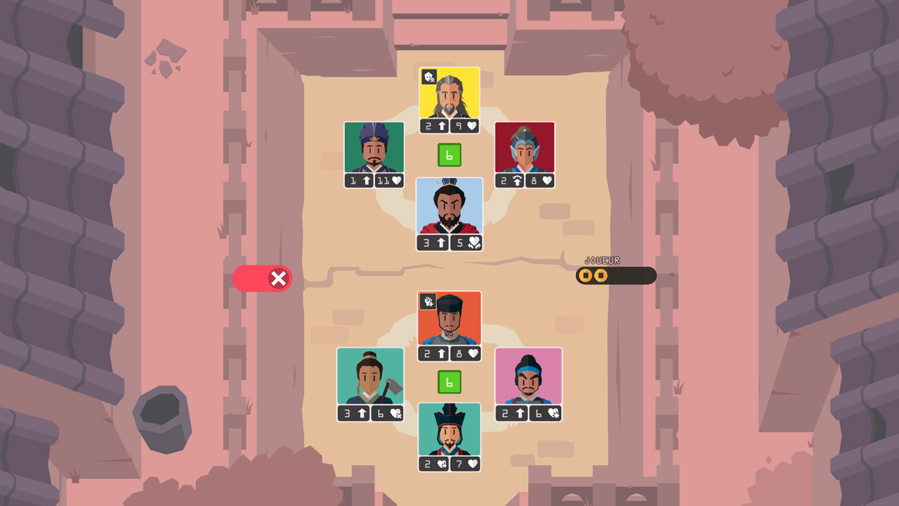 Screenshot du jeu, où l'on voit une arène représentant quatre combattants contre quatre autres, avec des points d'attaque et de vie. et une jauge indiquant l'ordre de jeu.