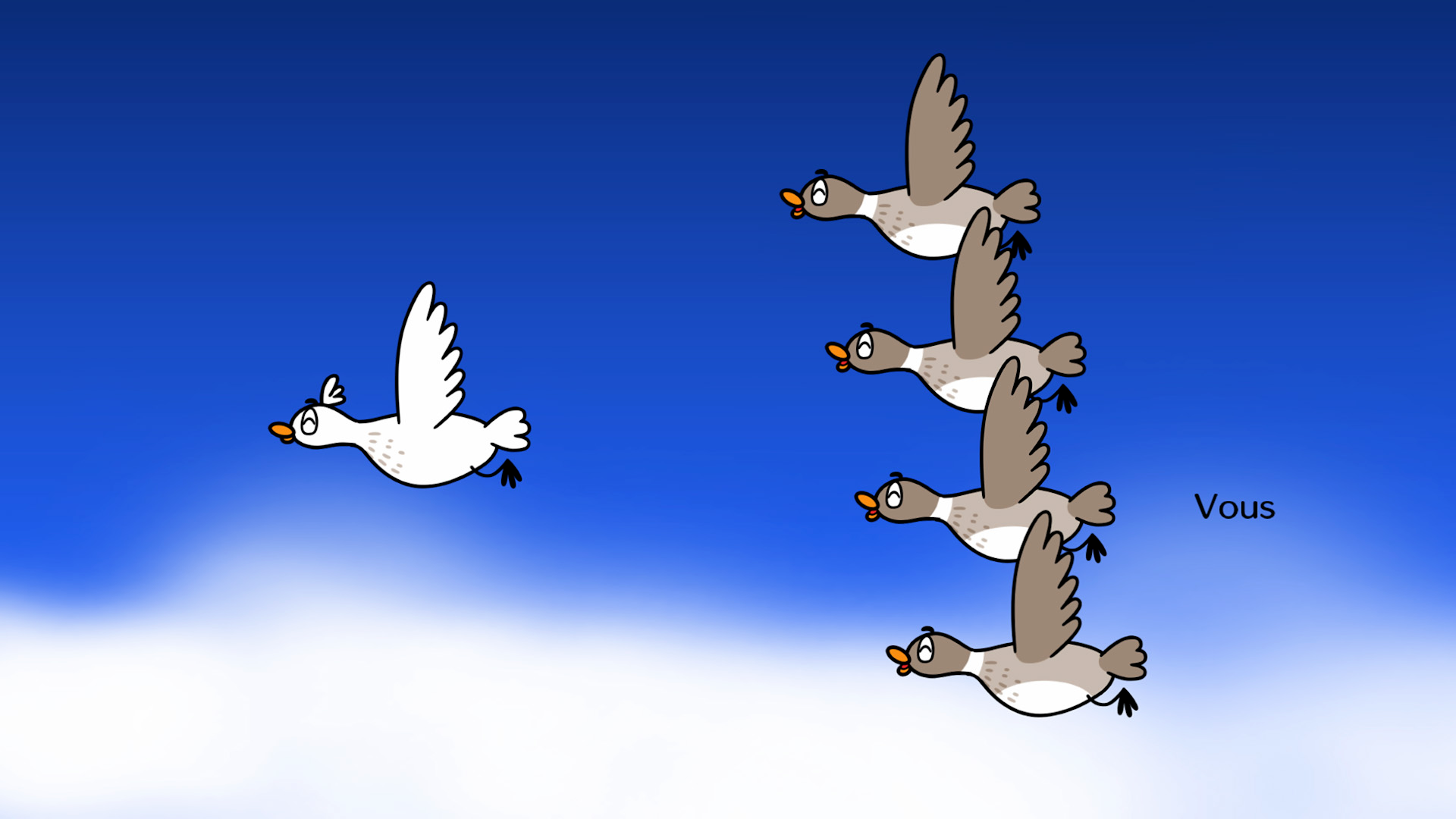 Screen du jeu. Une formation de canards vole dans le ciel. Un canard blanc est en tête et bat des ailes selon des séquences spécifiques. Votre personnage est l'un des quatre canards gris en arrière qui doit reproduire les séquences de battements d'ailes du chef. Si vous vous gourez, vous pouvez donner des coups d'ailes à vos voisins ou les recevoir.