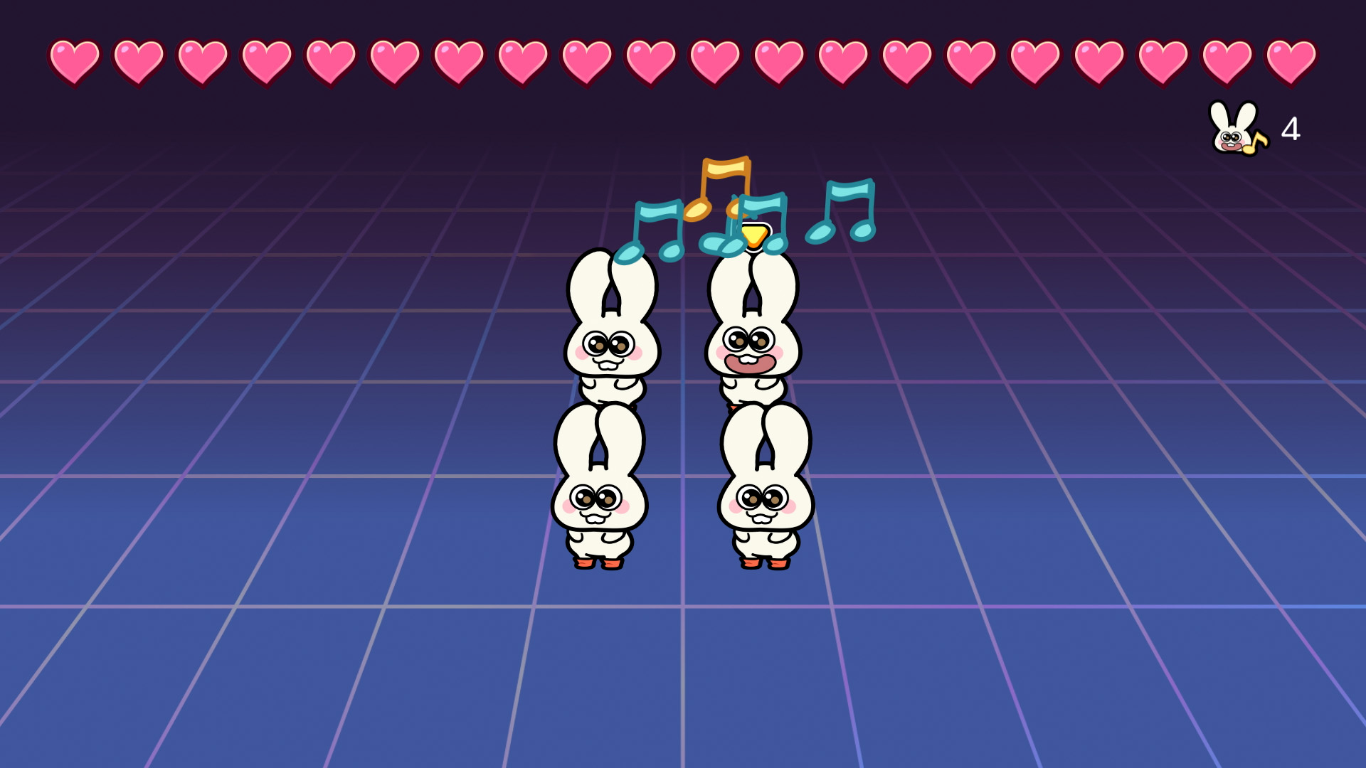 Screen du mini-jeu des lapins. On voit quatre petits lapins blancs avec de grands yeux ronds, des joues rosies et des quenottes qui dépassent. Ils battent des oreilles en rythme.