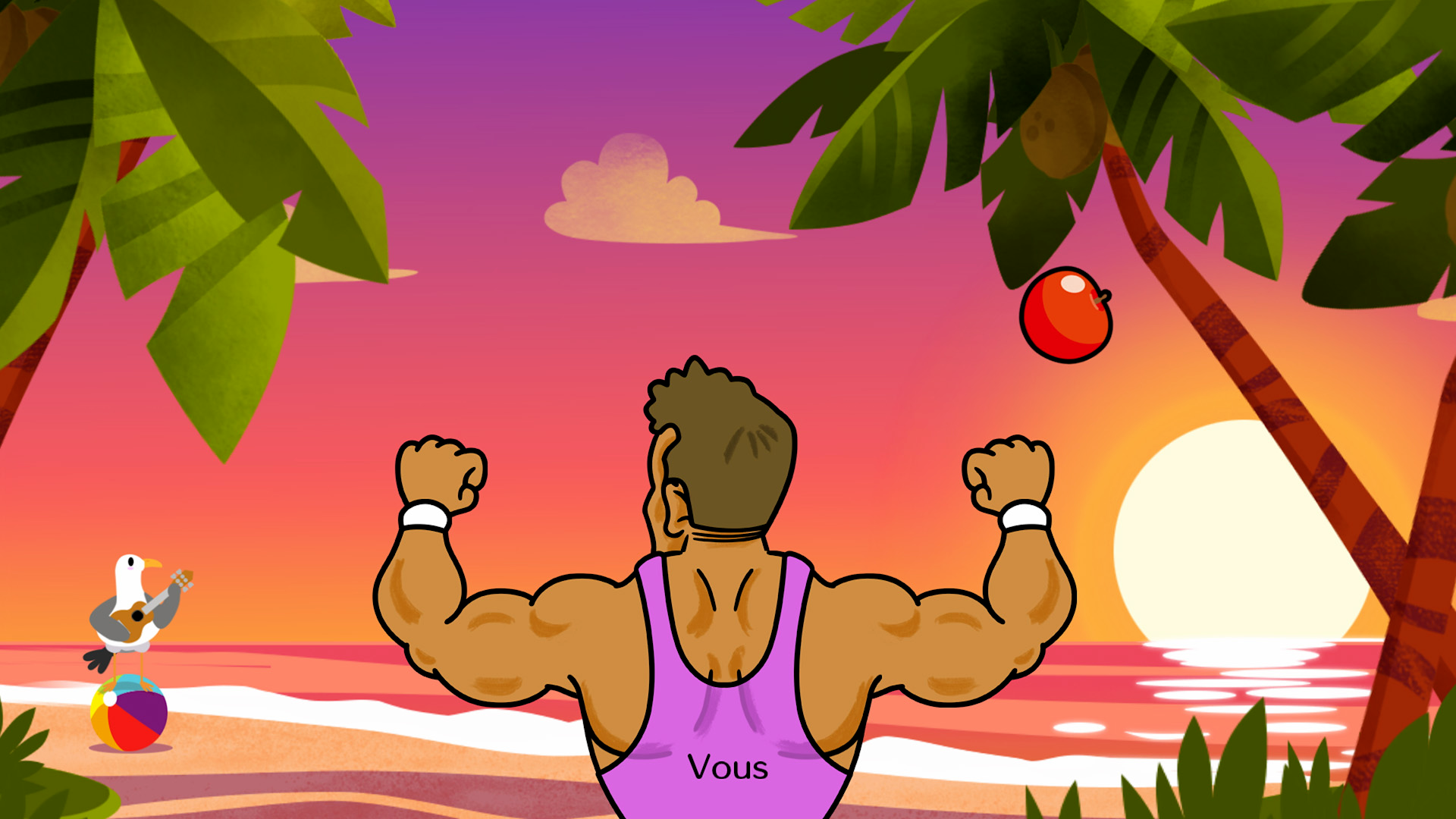 Screen du jeu, on voit un culturiste en marcel présenter ces biceps sur une plage au soleil couchant. Il y a une mouette qui joue du ukulélé à côté. Le but du mini-jeu est de faire rebondir des pommes et des citrons qui rebondissent sur nos muscles.