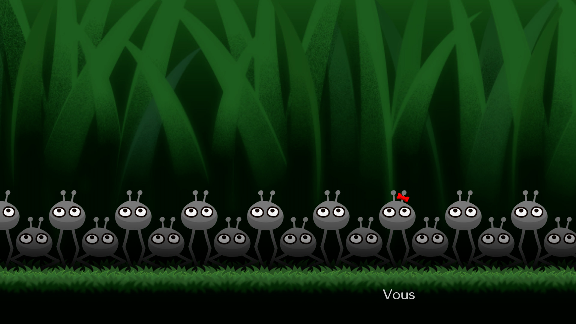 Screen du mini-jeu des bactéries. Vous êtes une bactérie qui doit tendre ou plier les genoux, comme toutes vos voisines.