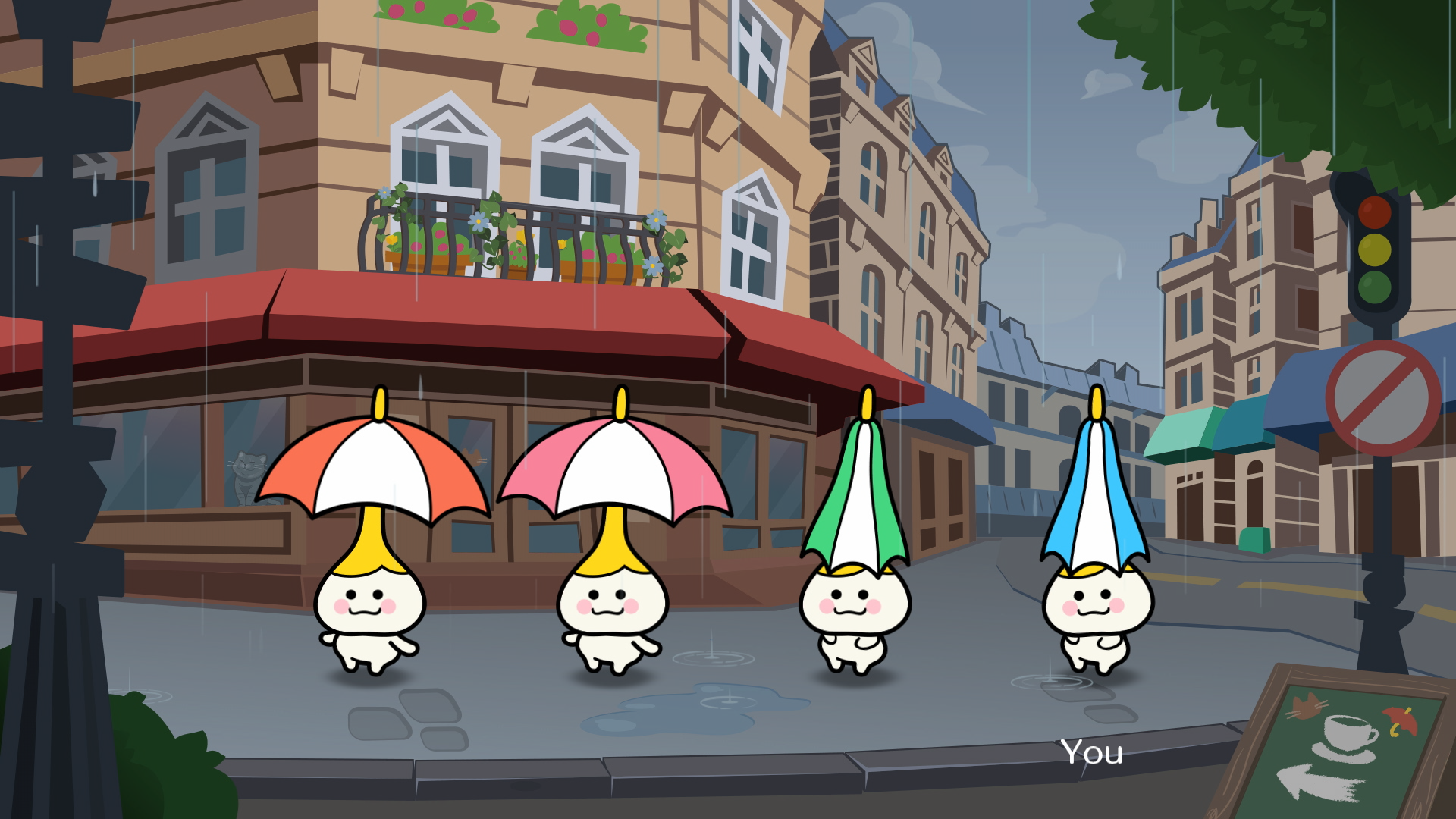 Screen de petits bonhommes souriants avec un parapluie planté sur la tête.