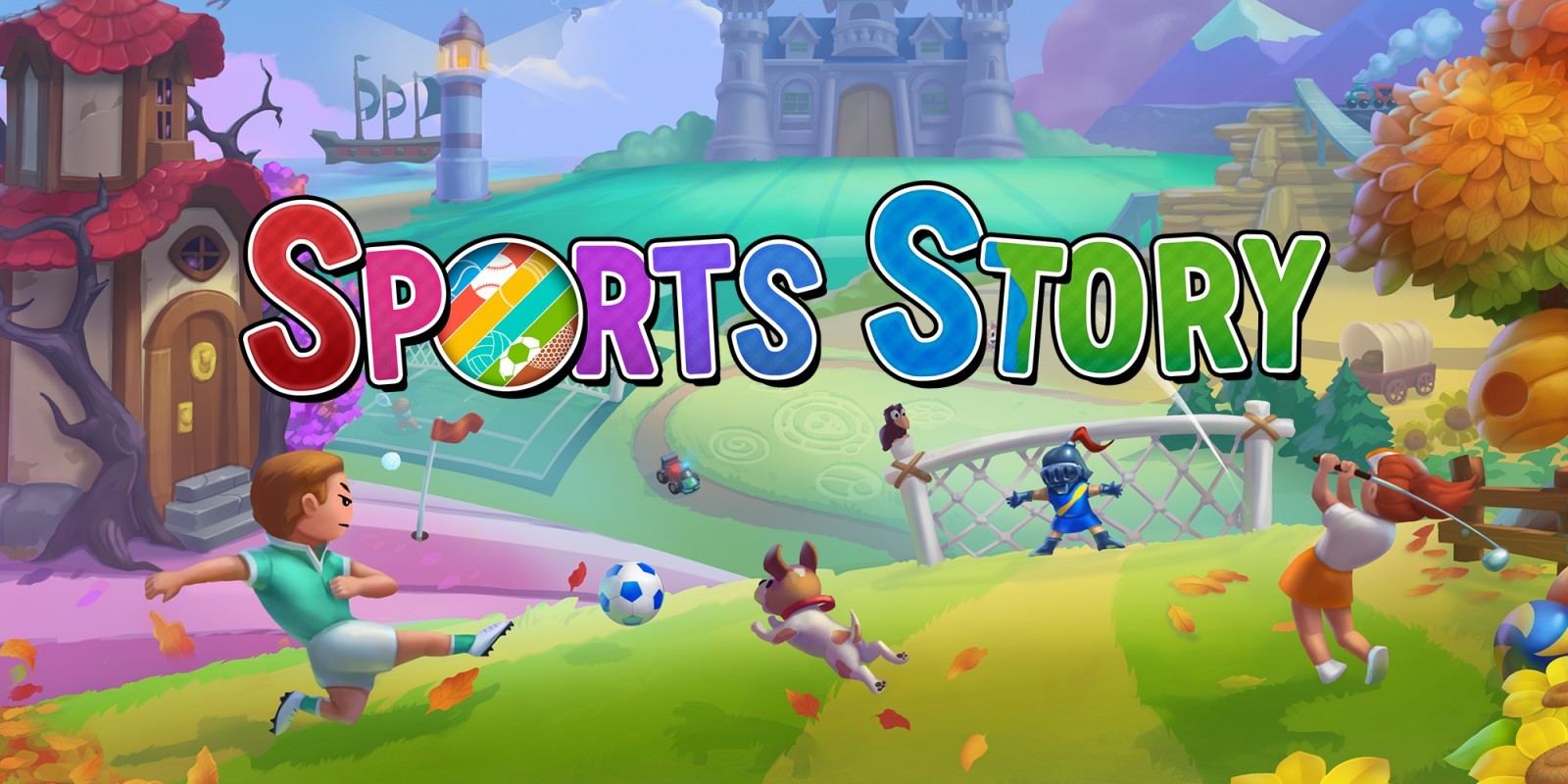 Visuel de promotion de Sports Story, un artwork présentant un footballeur, un chevalier dans des cages de but, une golfeuse, un ballon de volley, un terrain de tennis, une maison de sorcière, un château, des montagnes, un désert, un bateau pirate, une forêt, ...