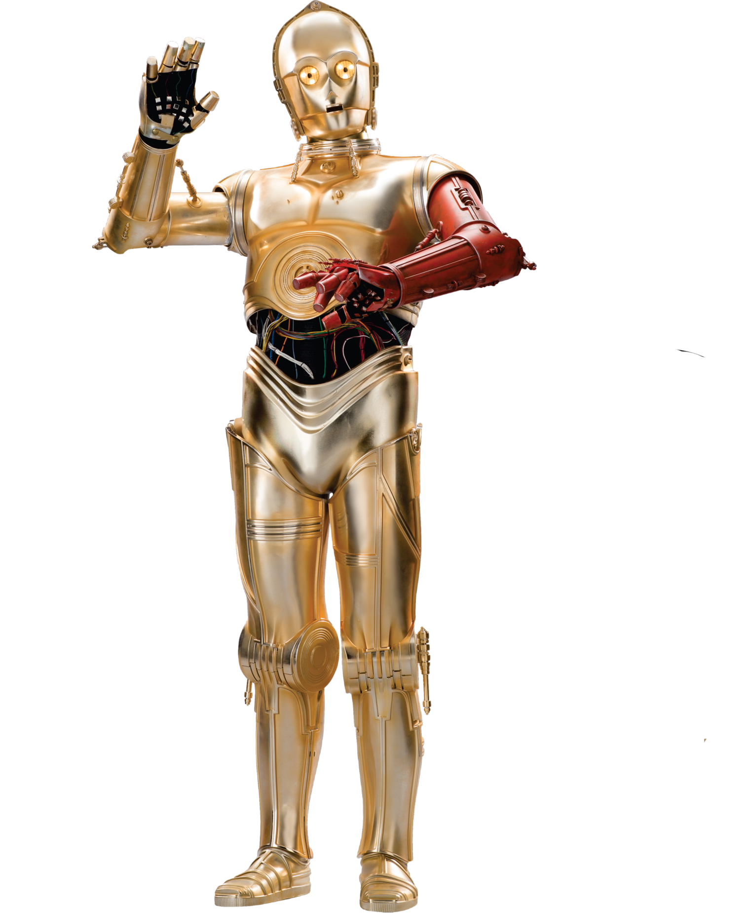 Photo du droïde humanoïde doré C-3PO, dont le bras gauche est rouge contrairement à tout le reste de l'armure.