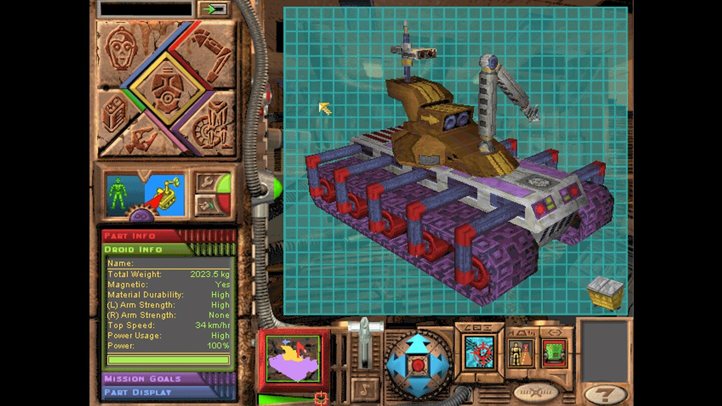 Screenshot de Droidworks, une interface de création de droïdes en 3D, où on peut changer les parties du corps, le type de droïde (humanoïde ou véhicule).