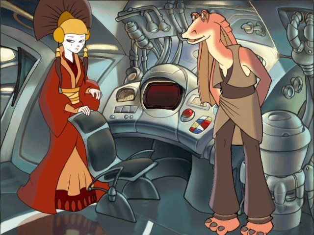 Screenshot des Défis de Yoda, avec Jar Jar Binks et la Reine Amidala dessinés dans un vaisseau de Naboo.