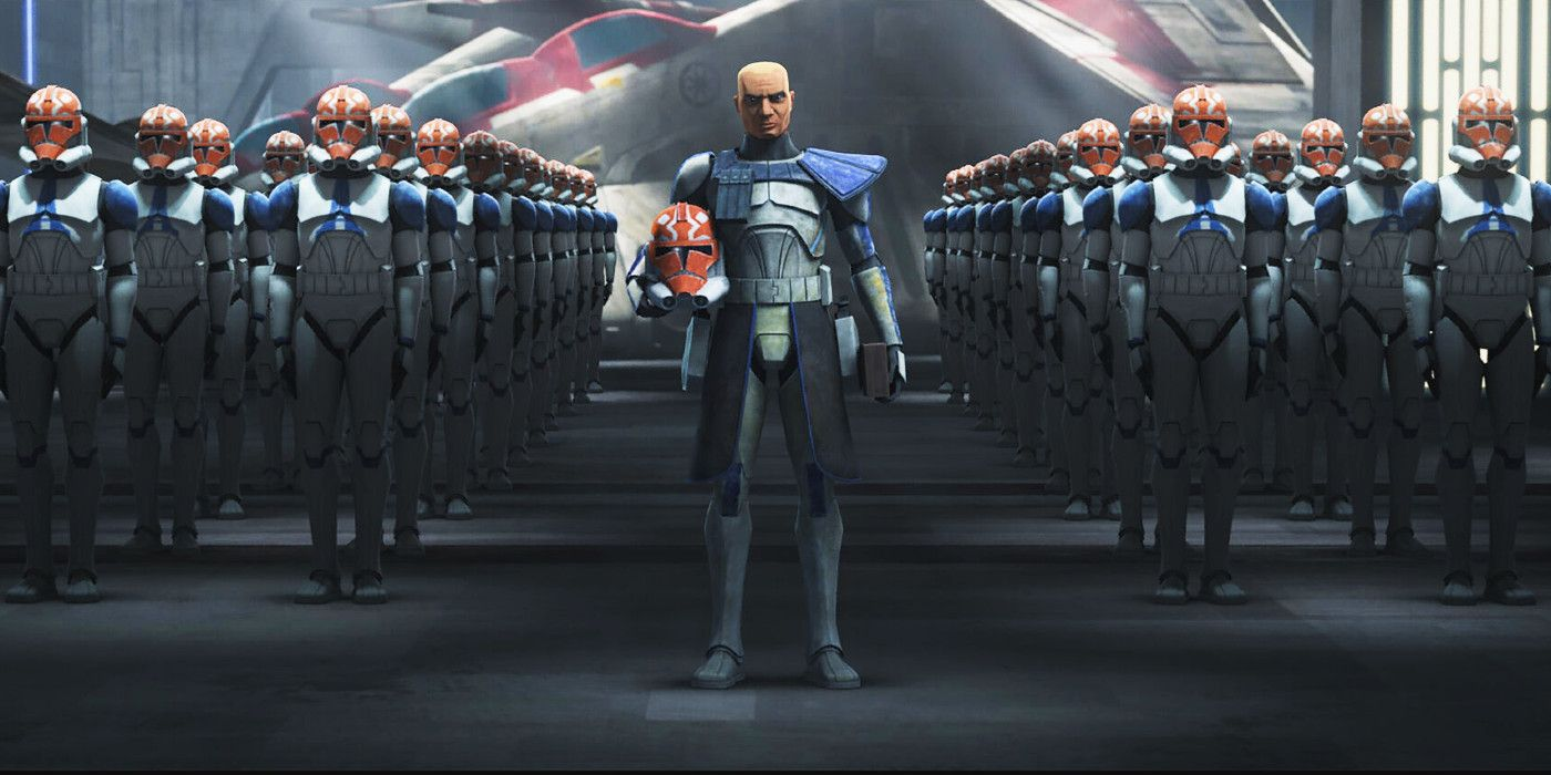 Screenshot d'une scène des derniers épisodes de The Clone Wars, montrant un régiment de clones avec des casques aux couleurs d'Ahsoka Tano.
