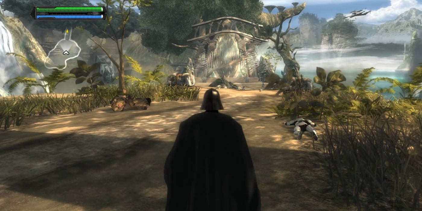 Screenshot du premier niveau de The Force Unleashed sur PC, avec Vador qui traverse les environnements luxuriants de Kashyyyk. On voit des arbres, de l'eau et des montagnes au loin, il y fait jour.