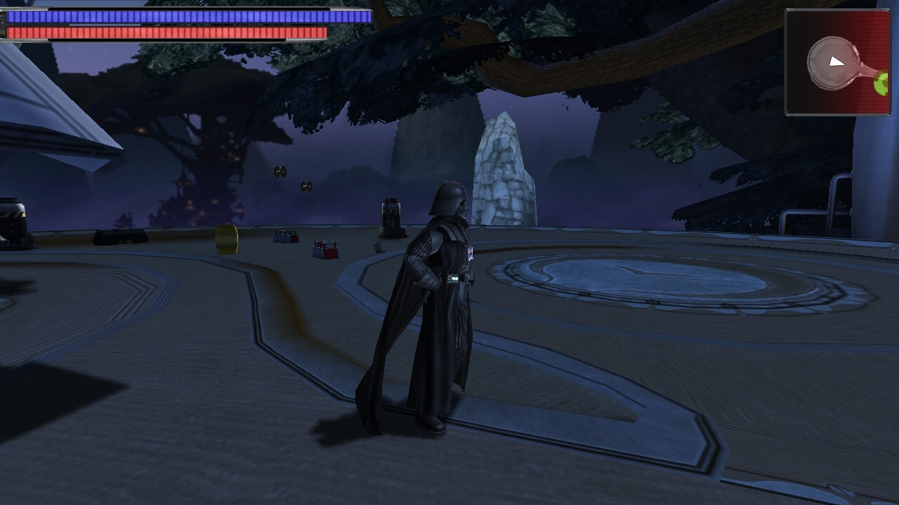 Screenshot du premier niveau de The Force Unleashed sur Switch, avec Vador qui traverse les plates-formes vides de Kashyyyk. On voit des arbres moches, et pas grand chose d'autre, il y fait nuit.