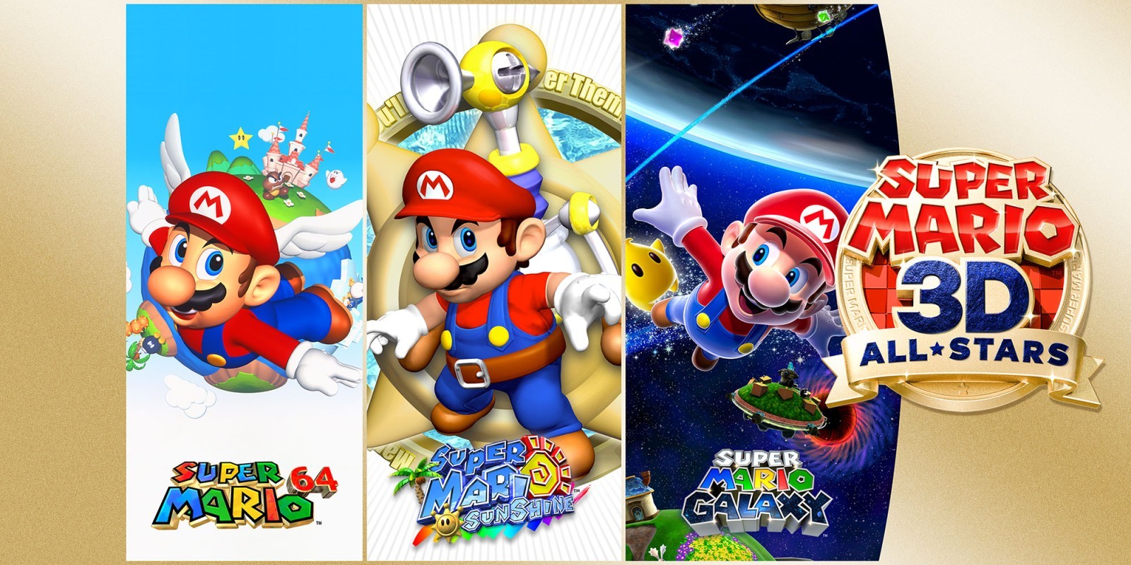 Visuel de Super Mario 3D All-Stars présentant les trois jeux disponibles.
